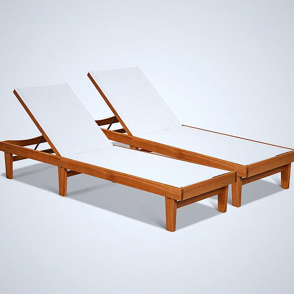 2PC Patio Lounge Chair Chaise Solid Wood Back Adjustable Recliner Deck Furniture