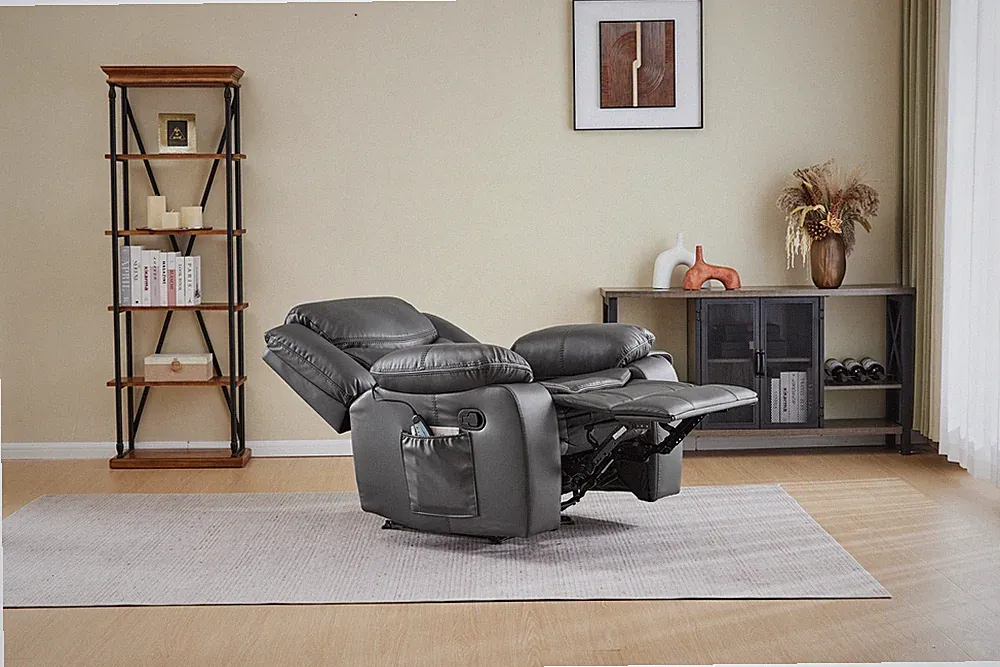 Recliner Chair with Vibration & Heating, Gray Faux Leather, Side Pocket