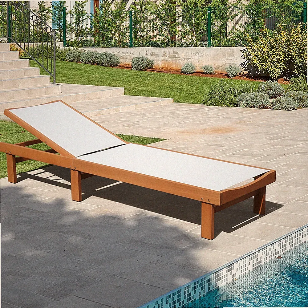 Wooden Chaise Lounge Chair Recliner Patio Outdoor w/ Adjustable Backrest